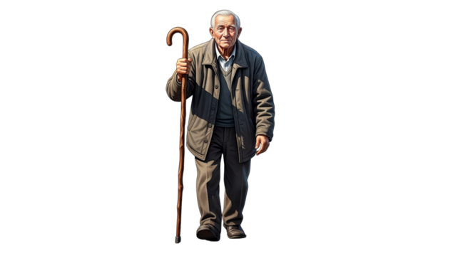 Elderly man with walking stick stands confidently against a alone now