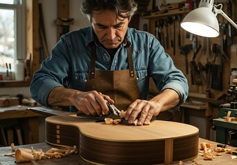 Skilled luthier meticulously crafting a wooden acoustic guitar in his workshop.