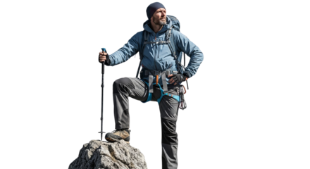 Hiker stands atop mountain peak looking out at the view with trekking pole in hand