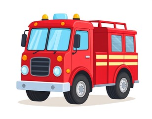 Cartoon illustration of a red fire truck, side view, on a white background, no people