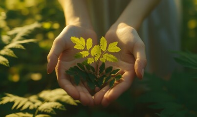 Close-up of a plant in hands, representing care for the environment and sustainability. The image highlights the importance of nature conservation, perfect for environmental campaigns, Generative AI