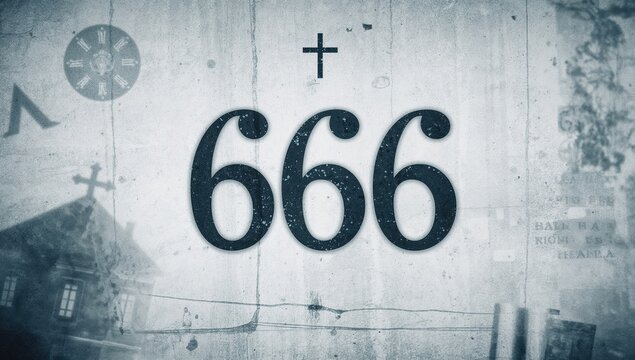 Blurred image of Number 666 on a white concrete surface, associated with the religious symbol, spiritual interpretation