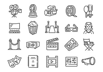 Cinema icons. Set of 20 cinema trendy minimal icons. Camera, Clapper, Popcorn, Projector, Ticket icon. Design signs for web page mobile app packaging design. Vector illustration