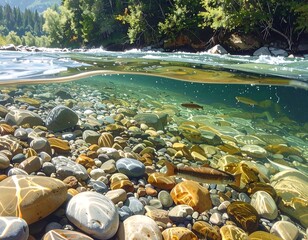 A split-view image showcasing an underwater perspective of a clear riverbed with pebbles, fish, and the flowing water above