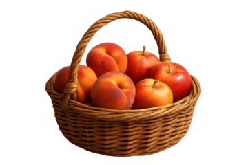 Wicker basket holding fresh peaches and red apples