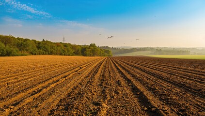 Sunny day over a freshly tilled farm field with a faint mist in the distance
