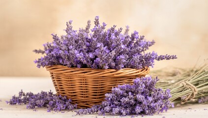 Fototapeta premium Wicker basket filled with dried lavender flowers, beneficial aroma for calming spaces