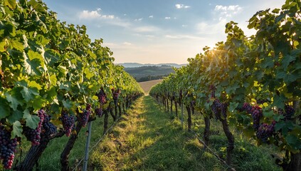 Fototapeta premium Clusters of red grapes in a vineyard
