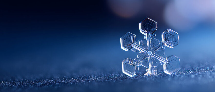 Close-up macro photograph of a single transparent snowflake crystal resting on a textured icy surface with a blurred blue background