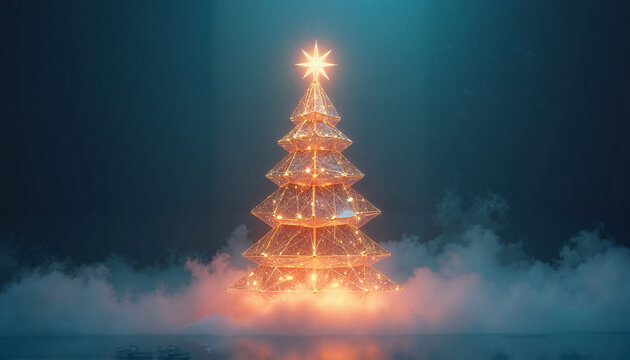 Floating geometric Christmas tree made of glowing bronze triangles on vapor blue background