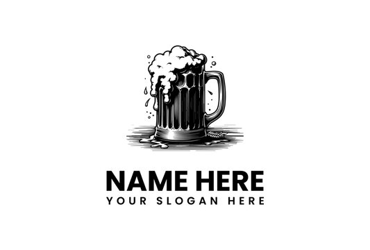 Hand-drawn style vector illustration of an overflowing beer mug with rich foam, ideal for craft beer branding, pub signs, or brewery logos with a vintage feel - Powered by Adobe