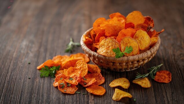 Homemade fruit and vegetable chips on dark surface, fiber-dense choice - Powered by Adobe