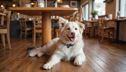 A dog is lying near a table in a cozy cafe