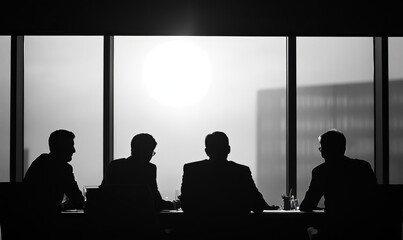 Silhouette of a group of business people in a meeting or brainstorming session in a boardroom. This image focuses on collaborative decision-making and teamwork, ideal for corporate, Generative AI