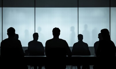 Silhouette of a group of business people in a meeting or brainstorming session in a boardroom. This image focuses on collaborative decision-making and teamwork, ideal for corporate, Generative AI