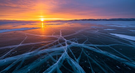 Stunning Frozen Lake Baikal Sunrise with Intricate Ice Cracks.
