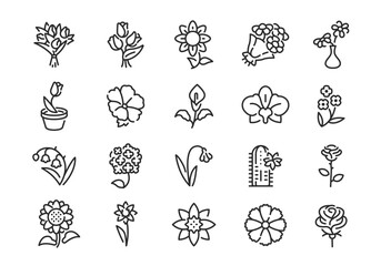 Flower icons. Set of 20 flower trendy minimal icons. Rose, Tulip, Sunflower, Orchid, Vase icon. Design signs for web page mobile app packaging design. Vector illustration
