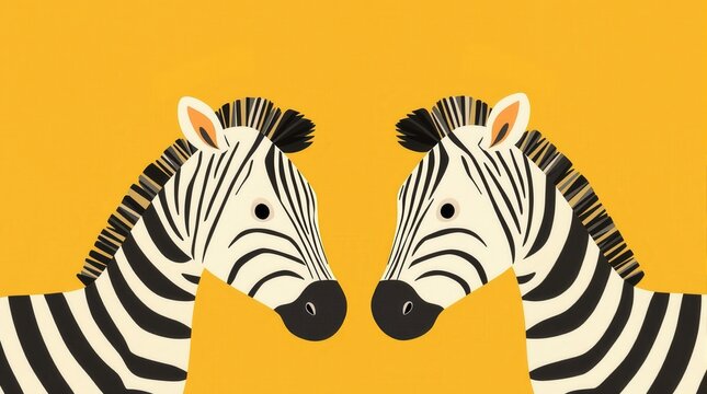 Two zebra heads facing each other on a bright yellow background. A simple, graphic illustration with a playful and modern feel.