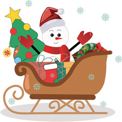 Cheerful snowman in sleigh with gifts