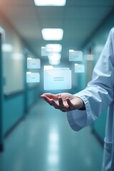 Modern Healthcare Scene Featuring Holographic Document Icons