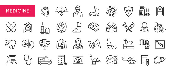 Medicine icons. Large set of medicine trendy minimal icons. Heart, Doctor, Syringe, Lungs, Brain, Pill, Ambulance icon. Design signs for web page, mobile app, packaging design. Vector illustration