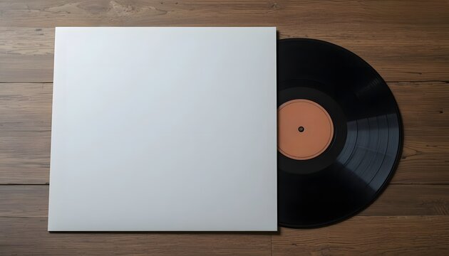 Vintage vinyl record partially in its blank sleeve rests on rustic wooden background, ready for your custom design. - Powered by Adobe