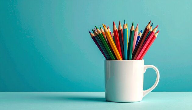 White ceramic mug filled with sharpened colored pencils arranged in fan shape, vibrant hues including red, orange, yellow, green, blue, and purple, placed on light surface with soft beige gradient bac