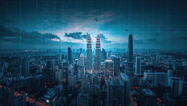 Hologram technology over a panoramic view, exploring the evolution of coding and advanced science