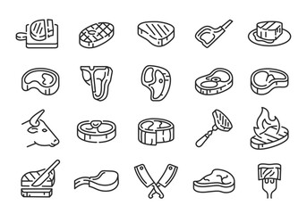 Steak icons. Set of 20 steak trendy minimal icons. Ribeye, Tbone, Grilled, Knife, Flame icon. Design signs for web page mobile app packaging design. Vector illustration