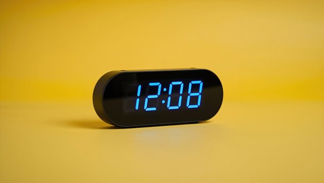 Digital clock displaying 12:08 on a vibrant yellow backdrop, suitable for text overlay