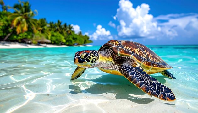 Sea turtle swims in the shallow, crystalline waters near a white sand beach, with palm trees under a blue sky - Powered by Adobe