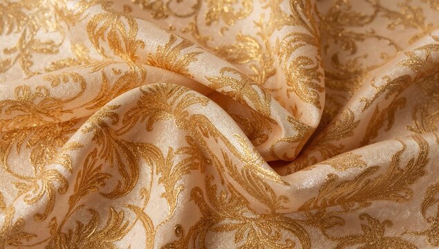 Golden florentine pattern on fabric, elegant backdrop for editorial use