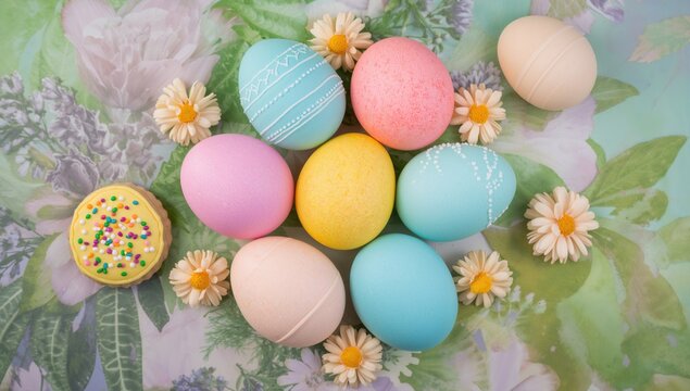 Colorful Easter eggs and cookies set against a vibrant backdrop for festive planning. - Powered by Adobe