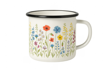Enamel mug showcasing vibrant wildflowers on transparent background