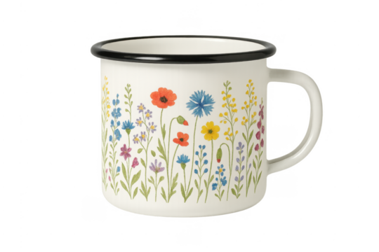Enamel mug showcasing vibrant wildflowers on transparent background