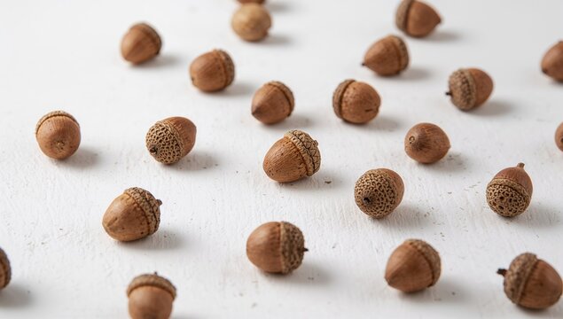 Beautiful acorns on a white backdrop, natural texture study