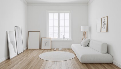 Fototapeta premium Interior of a minimalist living space featuring hardwood flooring, a sofa, decorative frames, and a window showcasing a snowy landscape, promoting a serene atmosphere