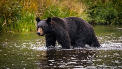 Fototapeta premium American black bear traversing a forested area, focus on wildlife observation