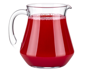 Refreshing red fruit juice served in a clear glass pitcher for beverage presentation, isolated on a transparent background, PNG
