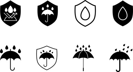 Waterproof icons. Water Proof sign collection. Water resistant symbol. Water protection icon with shield. Vector, PNG, jpeg. Keep dry. Open umbrella with water droplets icons set Water drop protection