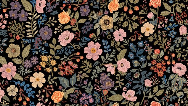 Flowery seamless pattern featuring hand-drawn flowers, leaves, and berries for editorial design, spring and summer theme