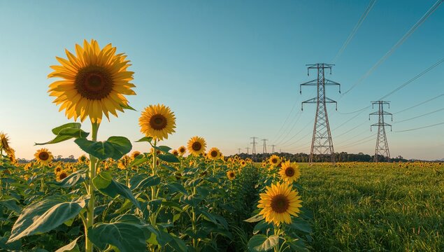 Sunflowers growing beneath power transmission lines, reflecting urban infrastructure impact