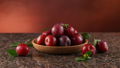 Vibrant red plums arranged on a cork plate atop a kitchen counter, fiber-dense choice