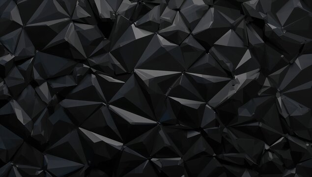 Black polygonal wall with geometric distortion, 3D rendering showcasing dynamic surface texture