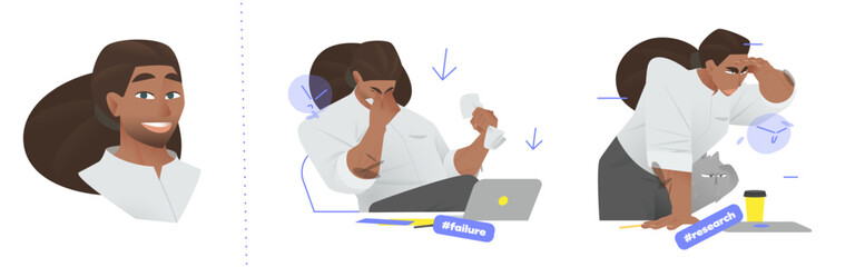 Vector Illustration of a Confident Black Businessman Experiencing Two Office Moments — Stress After Failure and Deep Concentration While Working Beside His Cat. Cartoon Design Expressing Emotion and D