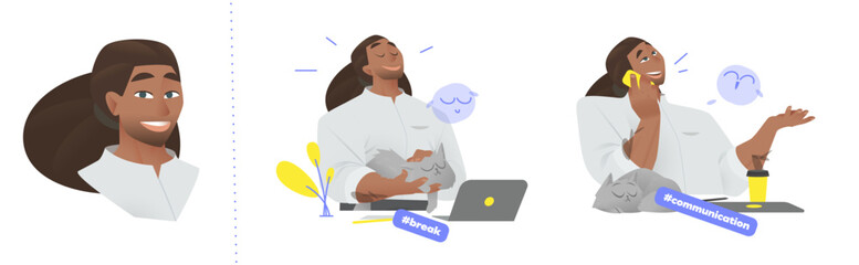 Cartoon Vector Illustration of a Confident Black Businessman Taking a Relaxed Break with his Cat and Talking on the Phone. Depicts Positive Emotions, Modern Lifestyle, and Healthy Work-Life Balance.