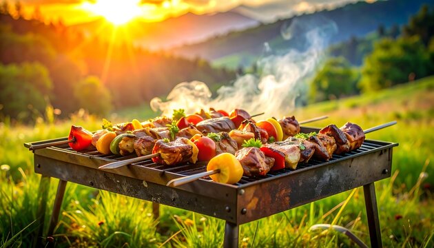 Skewers of grilled meat and veggies atop a charcoal grill amidst a grassy field with hills and sunset backdrop