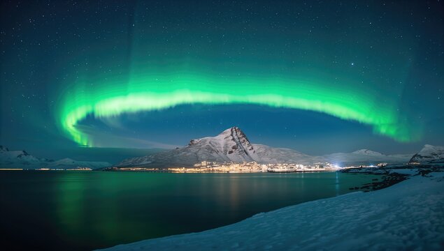 Aurora borealis illuminating coastal waters alongside snowy peaks and urban lights at night, seasonal change