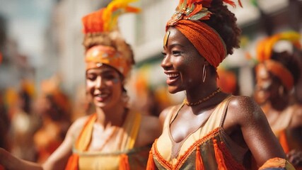 Women dancers at festival parade throw confetti into crowd. Celebration fills street with party joy. Happiness sparkles on faces. Color costumes shine at party. Woman leads crowd in dance festival. - Powered by Adobe