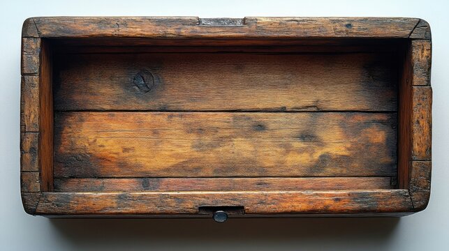 Overhead shot of an empty, aged wooden box with visible grain and a latch on a white surface